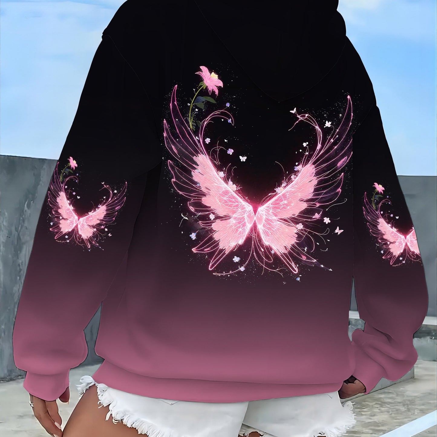 Sweet and cool dreamy style gradient pink butterfly print hooded sweatshirt for women, casual and versatile top for autumn and winter, 100% polyester | Machine washable