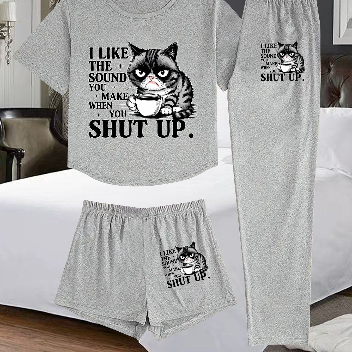 Women'S 3pcs Set - "I Like the Sound of the Cat" Print, Comfortable Sleepwear with Shorts and Long Pants, Casual Crew Neck, Spring/Summer Collection, Casual Wear|Playful Print|Comfortable Fit, Pajamas for Women