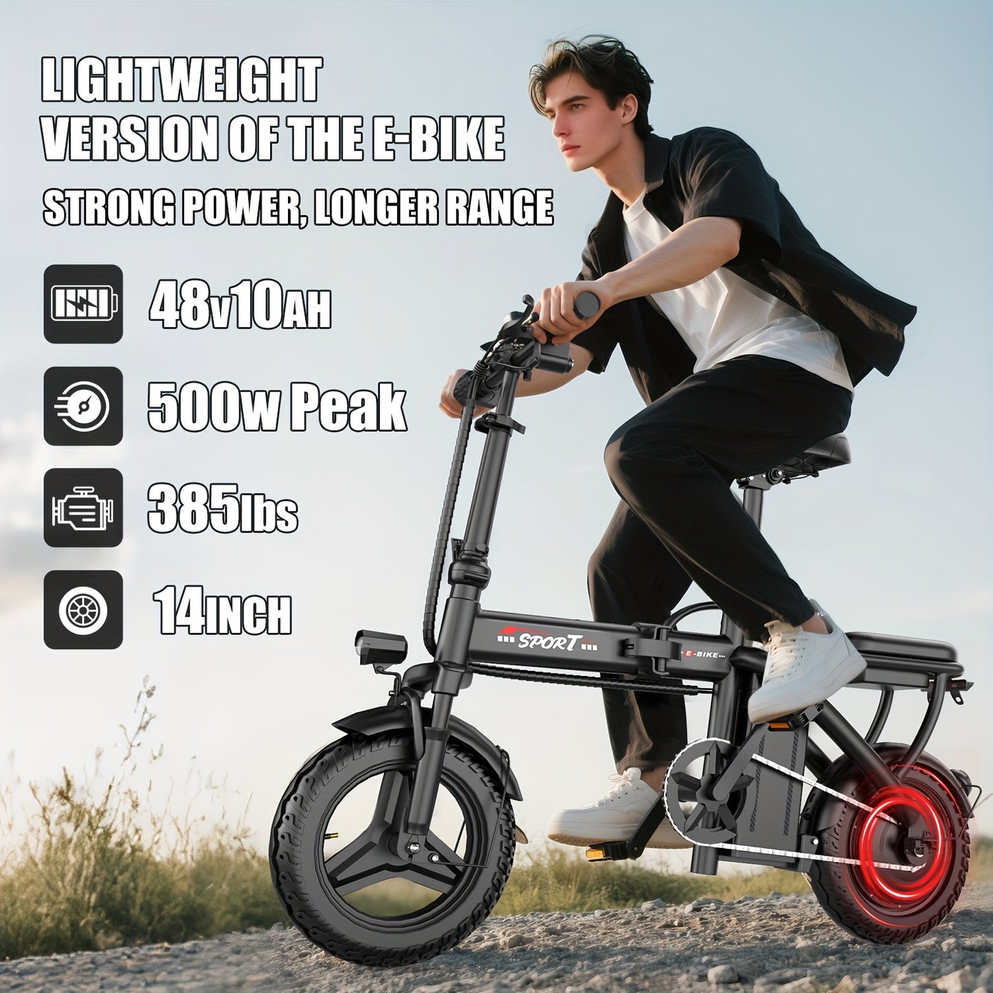 This Folding Electric Bike Features a Powerful 500-Watt Motor, Capable of Reaching Speeds of 25 Miles Per Hour. It Comes with 14-Inch Tires And a Detachable 48-Volt 10 Amp-Hour Battery, Making It Ideal for Adults Commuting in