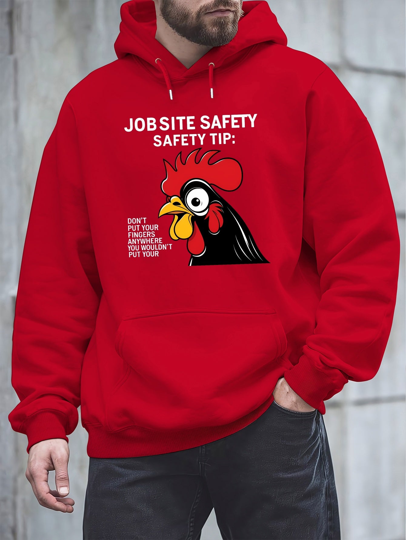 Men'S Plus Size Hoodie - "Jobsite Safety" Safety Tip Graphic with Rooster, Black with White Text, Casual Plush Pullover for Fall & Winter, Dalian Hat Fashion Brand, Fall Winter Apparel | Playful Graphic Hoodie | Plush Polyest