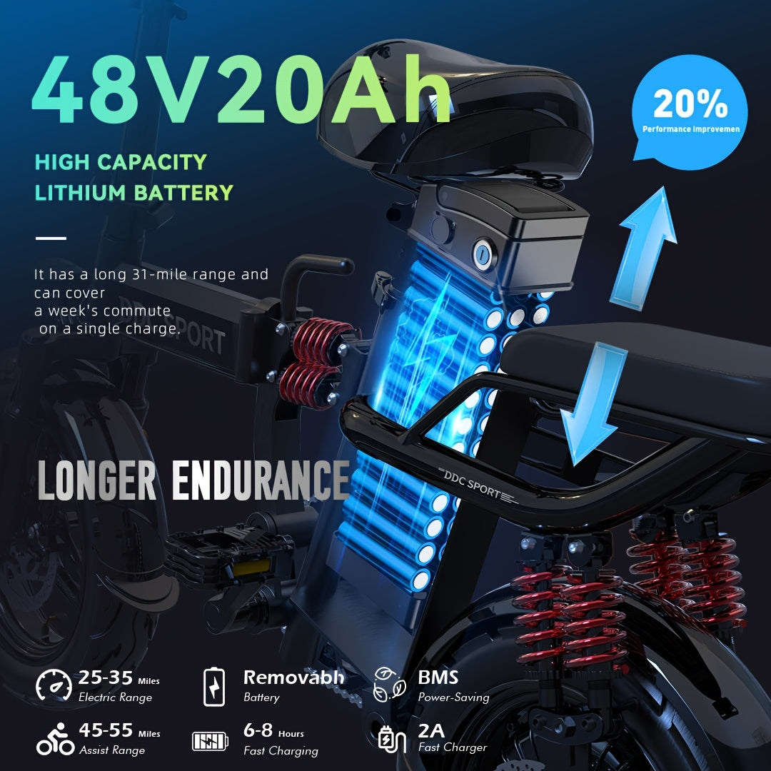 M1 Electric Bicycle for Adults Featuring a Basket, (960Wh)700W Peak Motor, 32 Miles Range, 20MPH Commuter E-Bike with 48V 20AH Removable Battery, 14" All-Purpose Tire, 385 Lbs Capacity, LCD Display & Dual Disc Brake, 11-Shock