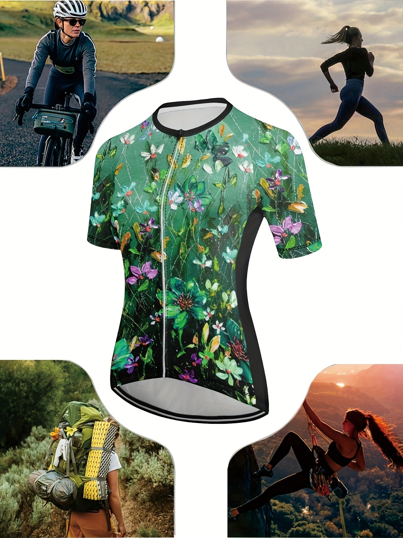 Women'S Floral Print Cycling Jersey, Short Sleeve Bike Top with 3 Rear Pockets, Breathable MTB Road Bike Jacket, Green 3D-Printed Design, Medium Stretch Fabric, Spring/Summer/Fall Sports Wear, Cycling Jacke