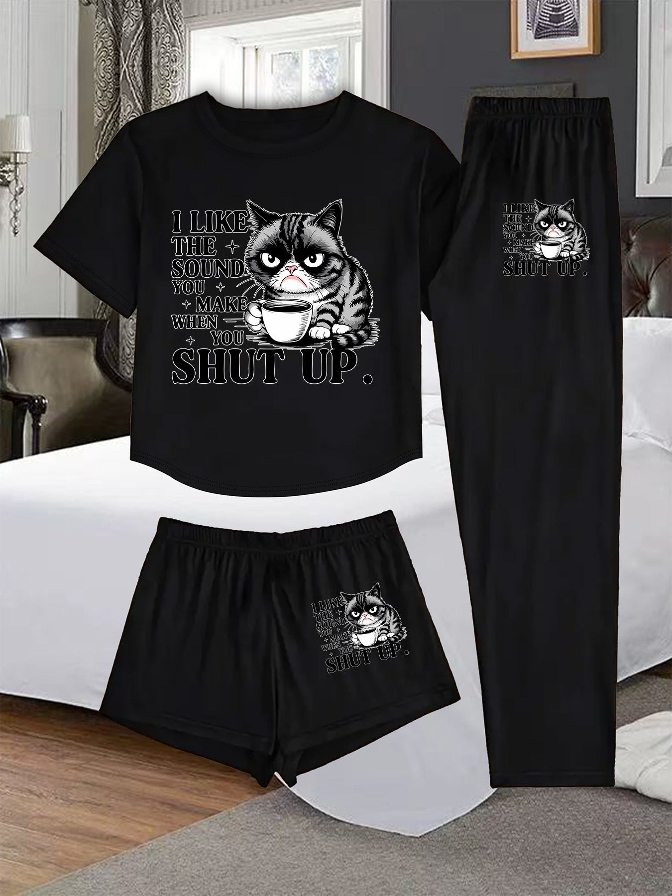 Women'S 3pcs Set - "I Like the Sound of the Cat" Print, Comfortable Sleepwear with Shorts and Long Pants, Casual Crew Neck, Spring/Summer Collection, Casual Wear|Playful Print|Comfortable Fit, Pajamas for Women