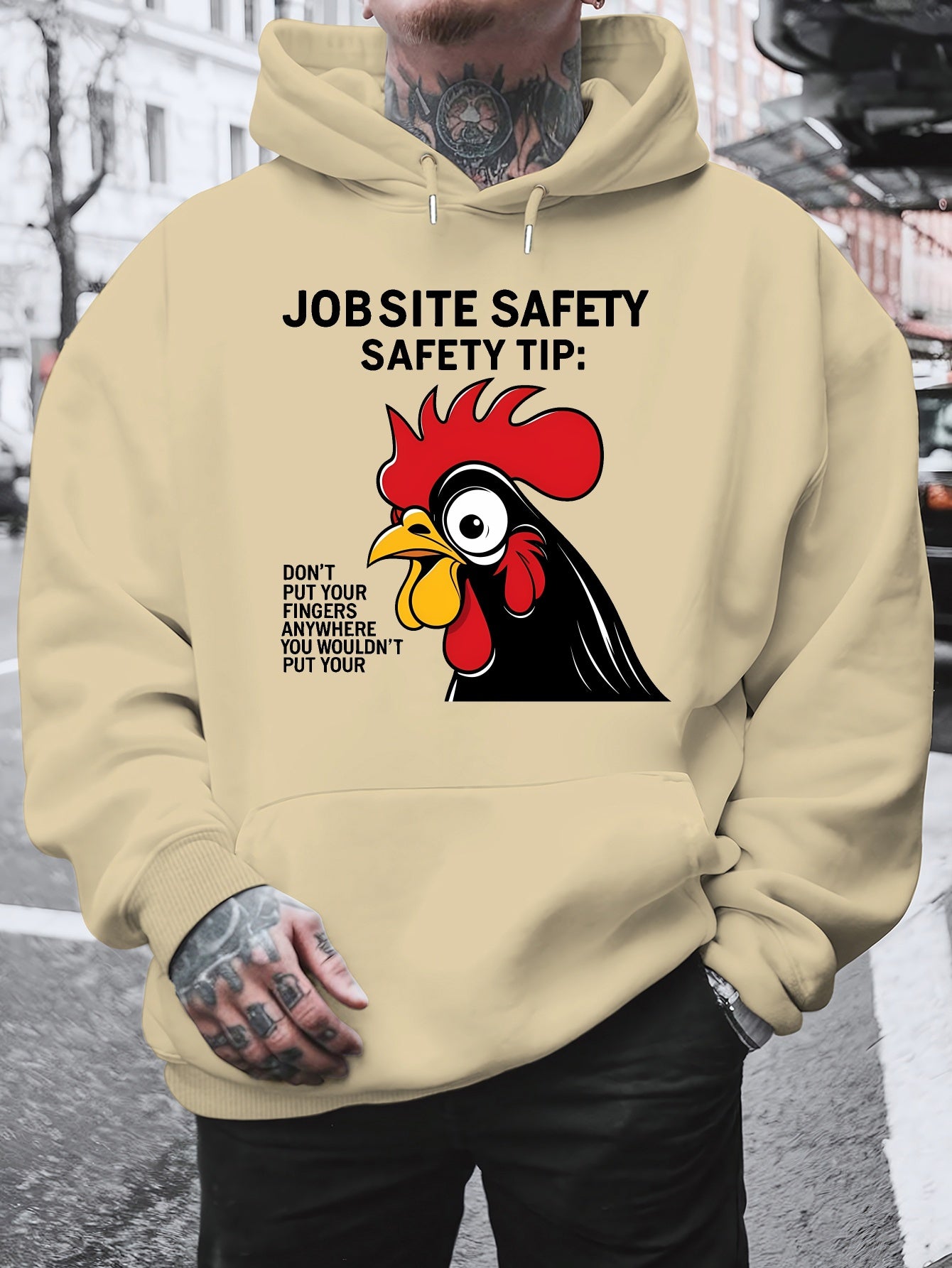 Men'S Plus Size Hoodie - "Jobsite Safety" Safety Tip Graphic with Rooster, Black with White Text, Casual Plush Pullover for Fall & Winter, Dalian Hat Fashion Brand, Fall Winter Apparel | Playful Graphic Hoodie | Plush Polyest