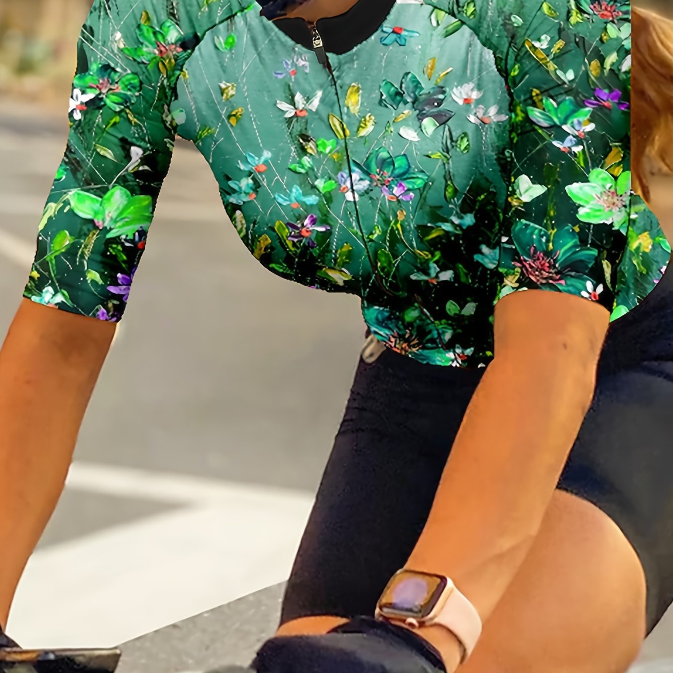 Women'S Floral Print Cycling Jersey, Short Sleeve Bike Top with 3 Rear Pockets, Breathable MTB Road Bike Jacket, Green 3D-Printed Design, Medium Stretch Fabric, Spring/Summer/Fall Sports Wear, Cycling Jacke