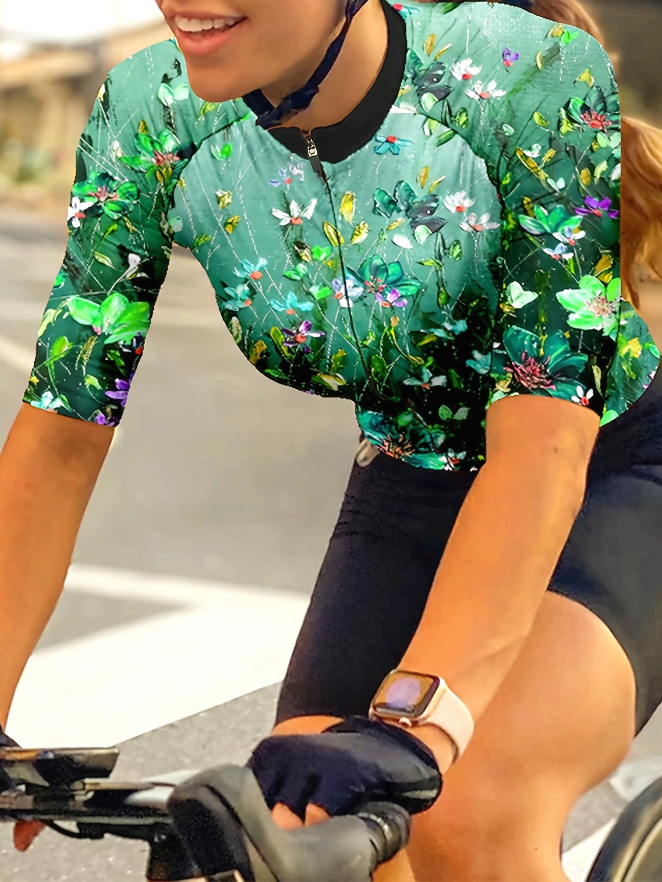Women'S Floral Print Cycling Jersey, Short Sleeve Bike Top with 3 Rear Pockets, Breathable MTB Road Bike Jacket, Green 3D-Printed Design, Medium Stretch Fabric, Spring/Summer/Fall Sports Wear, Cycling Jacke