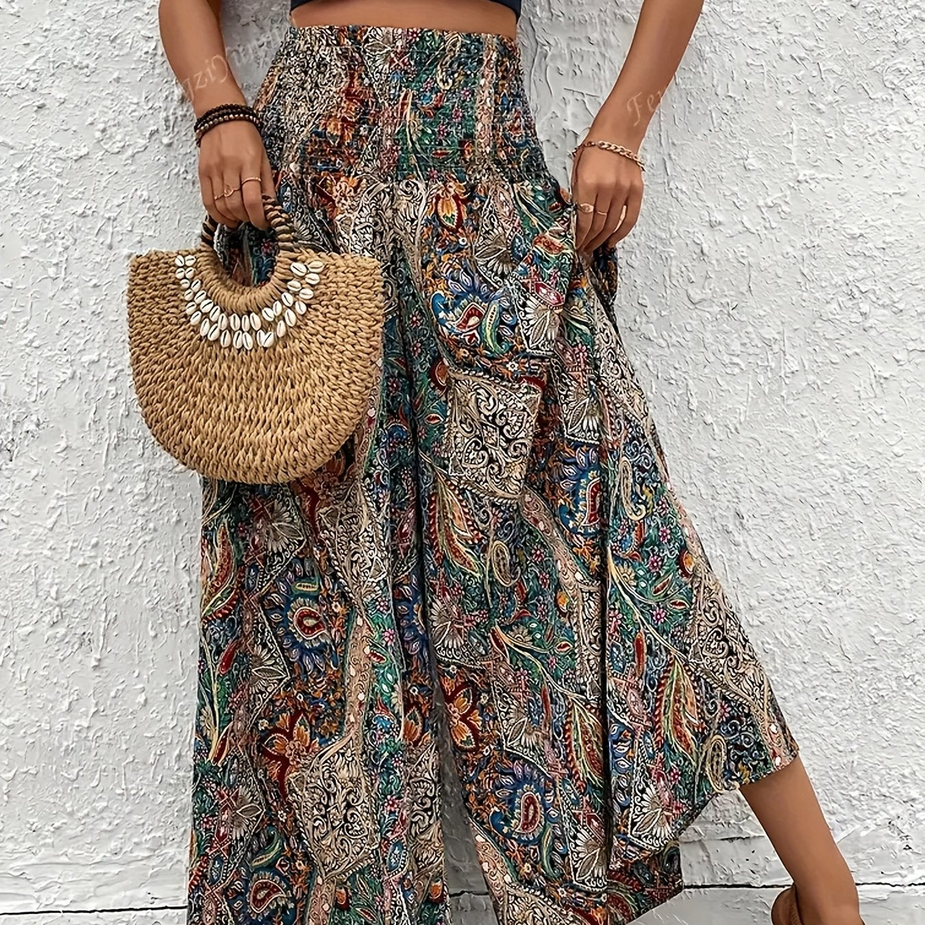 Women's Elegant Paisley Wide-Leg Trousers - High-Waisted Bohemian Pants with Smock Waist & , All-Season Non-Stretch Tailored Fit (Hand Washable) for Casual & Formal Wear - Scottish Tartan-Inspired Design