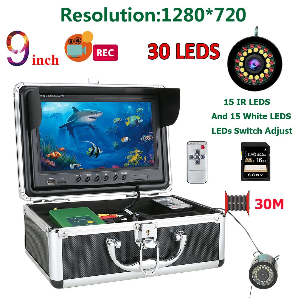MAOTEWANG 9''HD 1080P Screen Fish Finder Underwater Fishing Camera 15pcs White LEDs +15pcs IR Lamp for River/Winter Ice Fishing