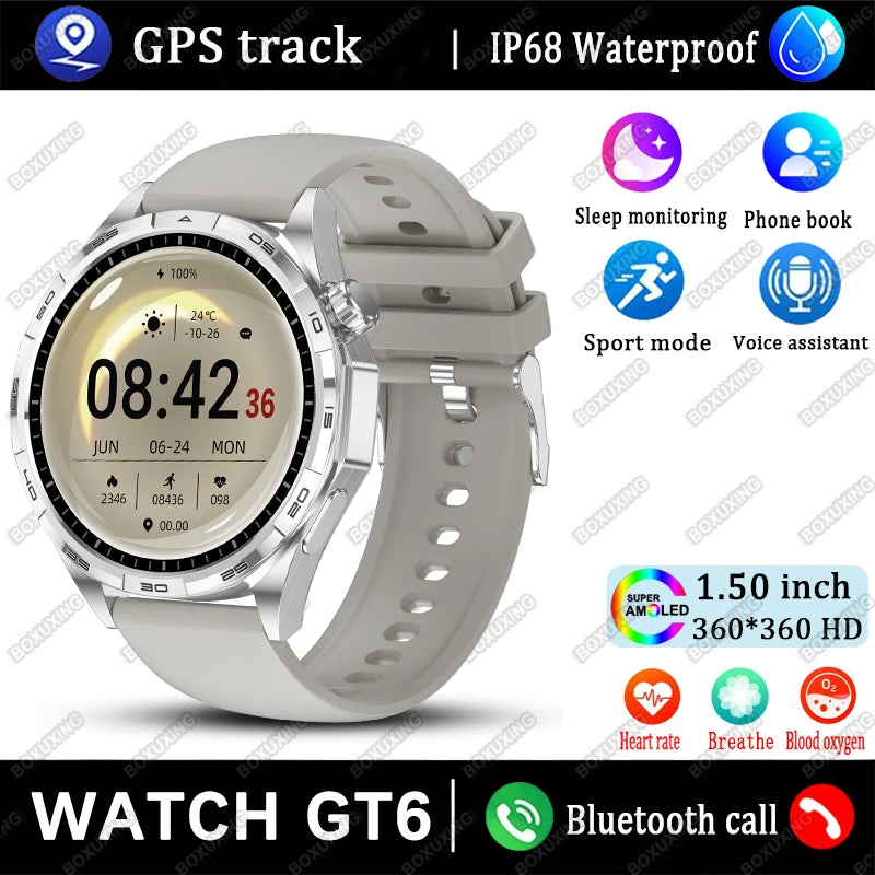 New Watch GT6 Smart Watch Men HD AMOLED Screen Always Show Time GPS Track Heart Rate Bluetooth Call Waterproof Sports Smartwatch