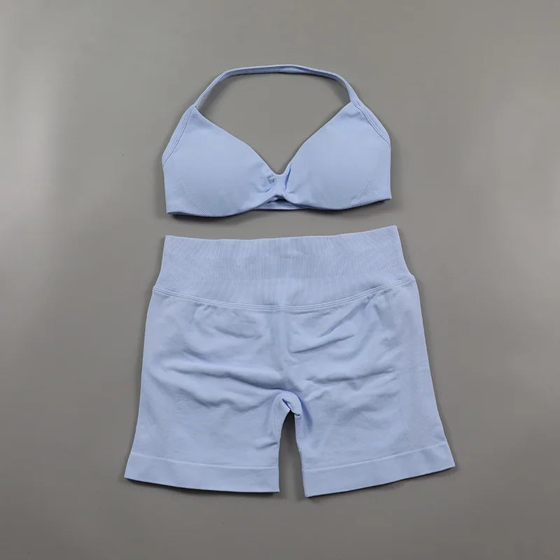 Yoga Strappy Bra Leggings Gym Set Women's Seamless High Elastic Gym Bra Vest Buttock lift Shorts Set Daily Exercise Sports Set
