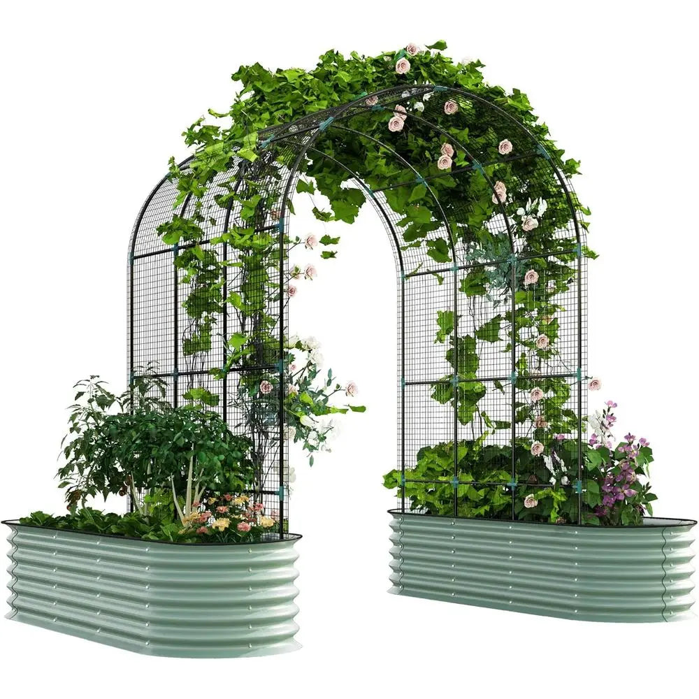 Raised Garden Beds with Arch Trellis, Galvanized Planter Box with ClimNet or ClimVegetables lowers, Metal Raised Bed Kit with Ru