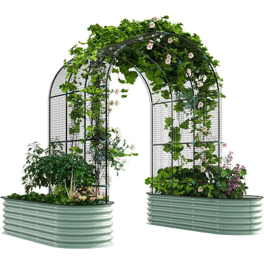 Raised Garden Beds with Arch Trellis, Galvanized Planter Box with ClimNet or ClimVegetables lowers, Metal Raised Bed Kit with Ru