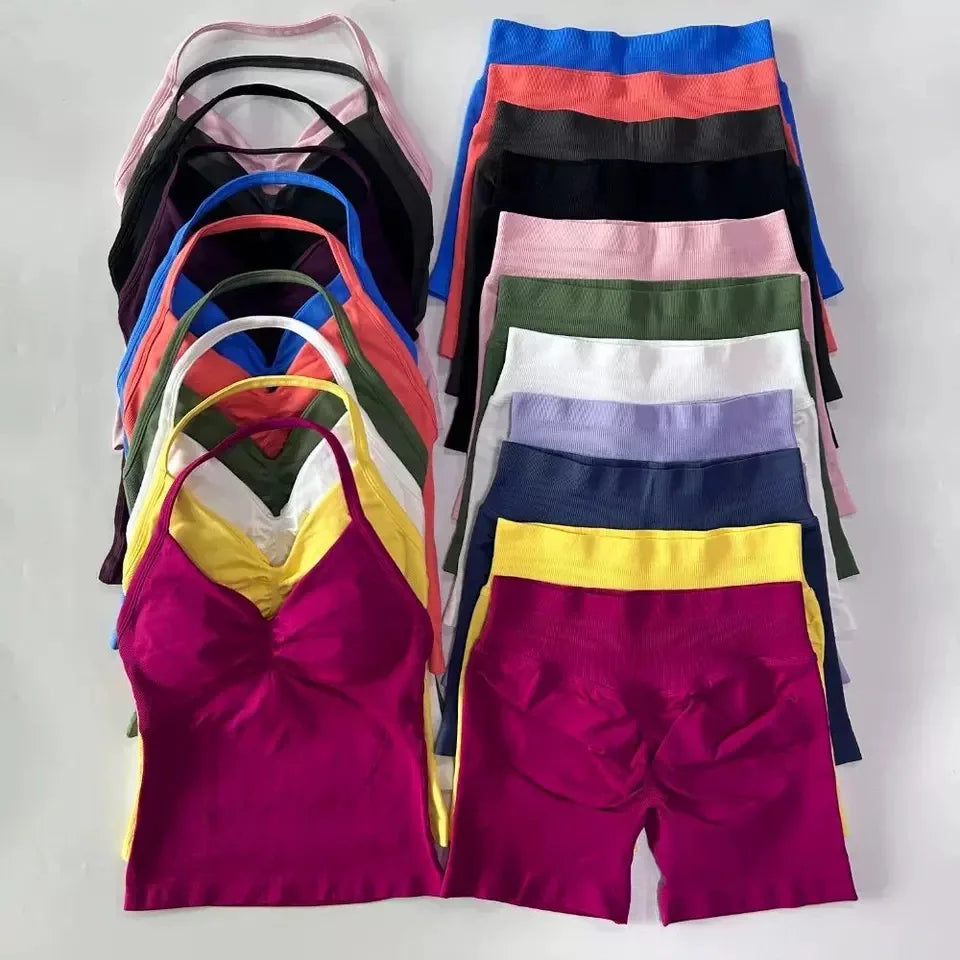 Sexy Halter Neck Beautiful Back High Waist Peach Sports Bras Shorts Suit Pilates Gathering Yoga Vest Training Fitness Bra Sets