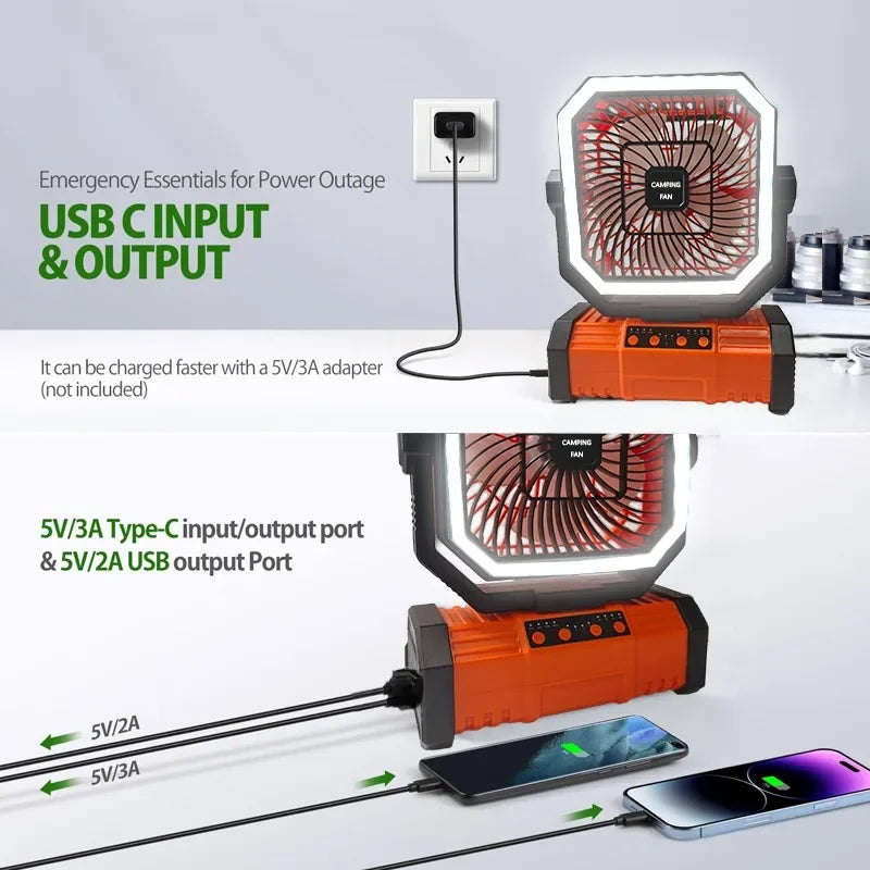 Portable Rechargeable Fan Camping Fan 20000mAh Tent Fan with Remote/LED Light/Hanging Hook for Camping Outdoor