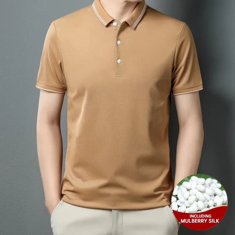High End With Mulberry Silk New Mecerized Cotton Summer Men's Polo Shirts Short Sleeve Casual Tops Fashions Mens Clothes 2025