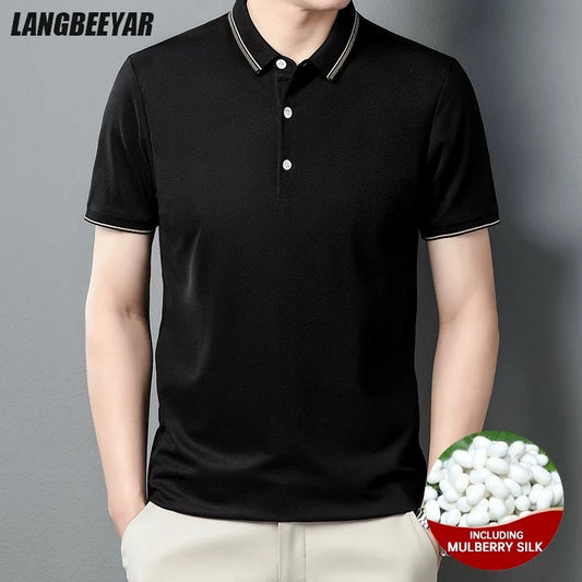 High End With Mulberry Silk New Mecerized Cotton Summer Men's Polo Shirts Short Sleeve Casual Tops Fashions Mens Clothes 2025
