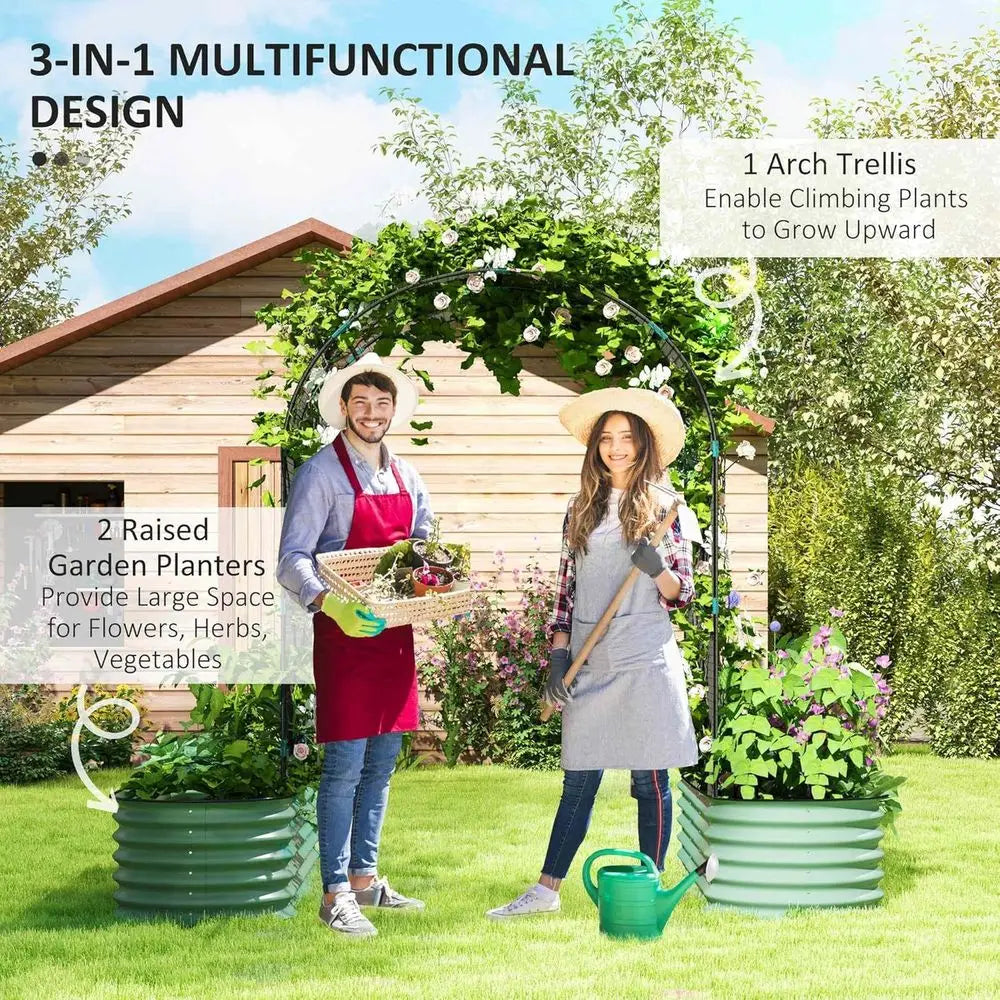 Raised Garden Beds with Arch Trellis, Galvanized Planter Box with ClimNet or ClimVegetables lowers, Metal Raised Bed Kit with Ru