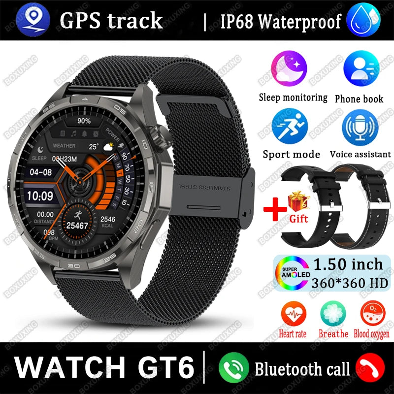 New Watch GT6 Smart Watch Men HD AMOLED Screen Always Show Time GPS Track Heart Rate Bluetooth Call Waterproof Sports Smartwatch