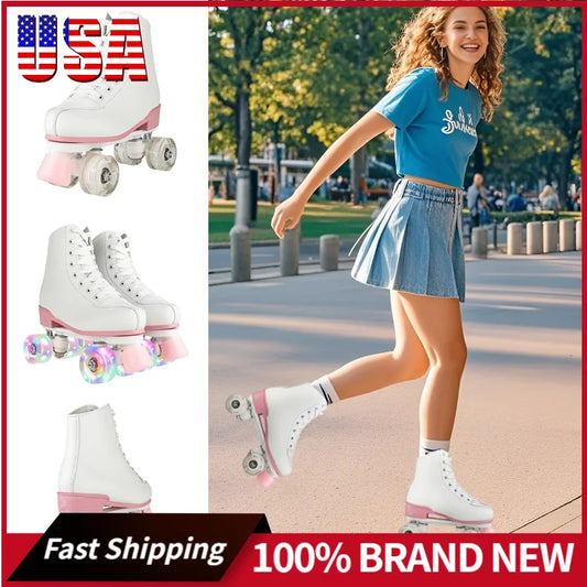 Quad Roller Skates Size 32-40 Adult Women Flashing 4 Wheels Skate Shoes Kids Girls Beginner Outdoor Skating Training Sneakers