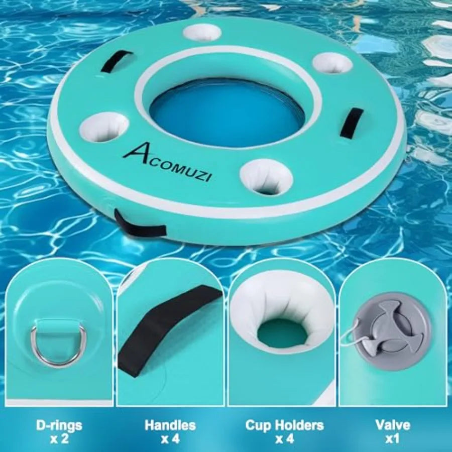 4FT Inflatable Pool Bar with 4 Built-in Cup Holders Floating Cooler for Adults Inflatable Drink Cooler in Blue for Lakes Pools
