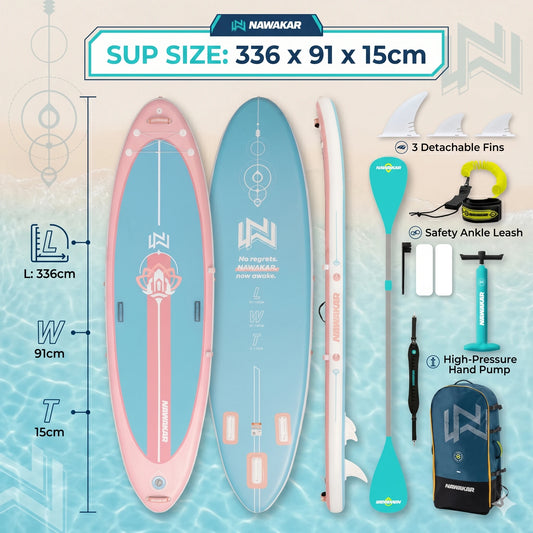 NAWAKAR 336x91x15cm Inflatable Stand Up Paddle Board Extra Wide Yoga ISUP Premium Complete Set Pink Blue Women Adults SUP Boards