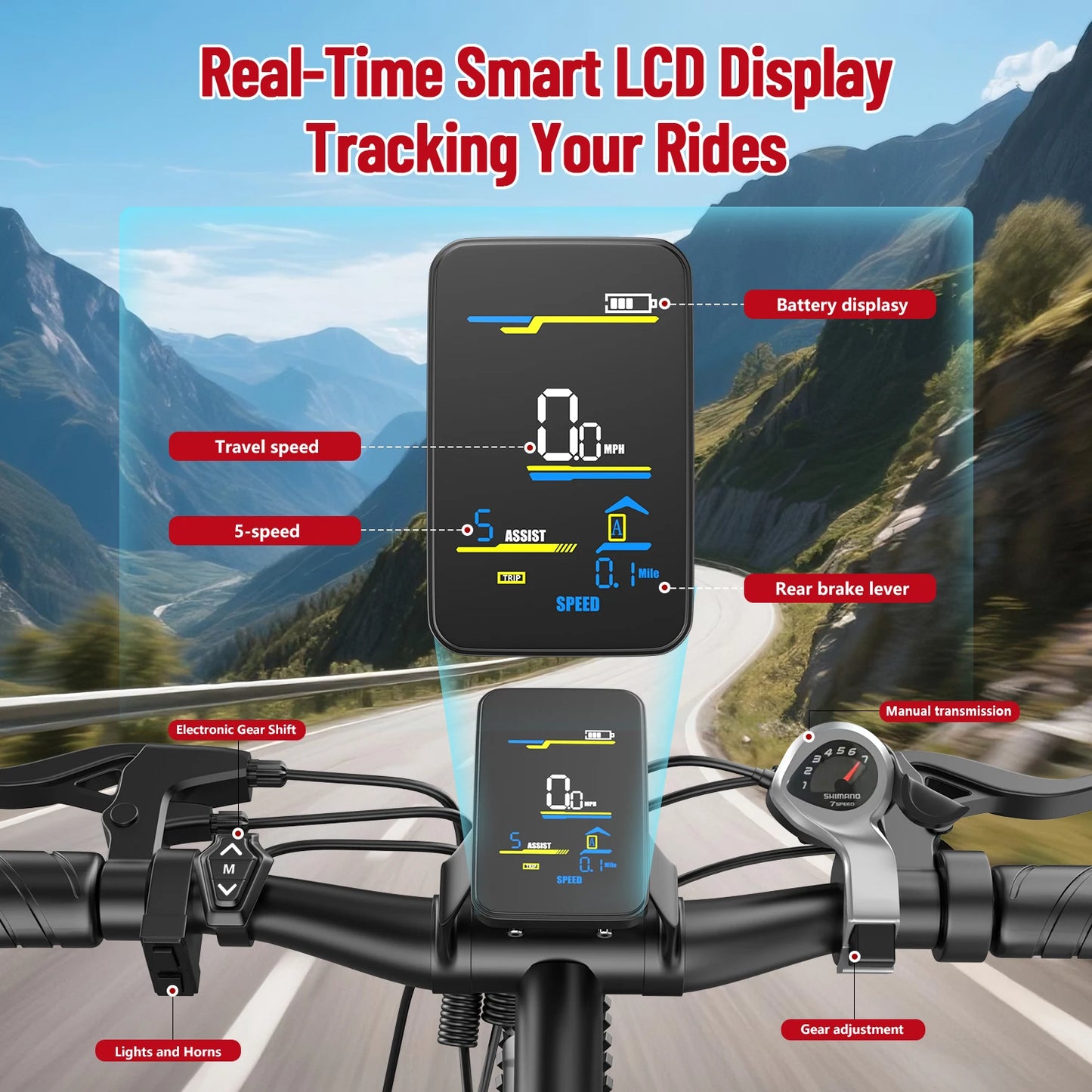 26'' Electric Bike for Adults 1000W Peak Motor 40 Miles 25MPH Commuter EBike 7 Speed Waterproof Pedal Assit Electric Mountain