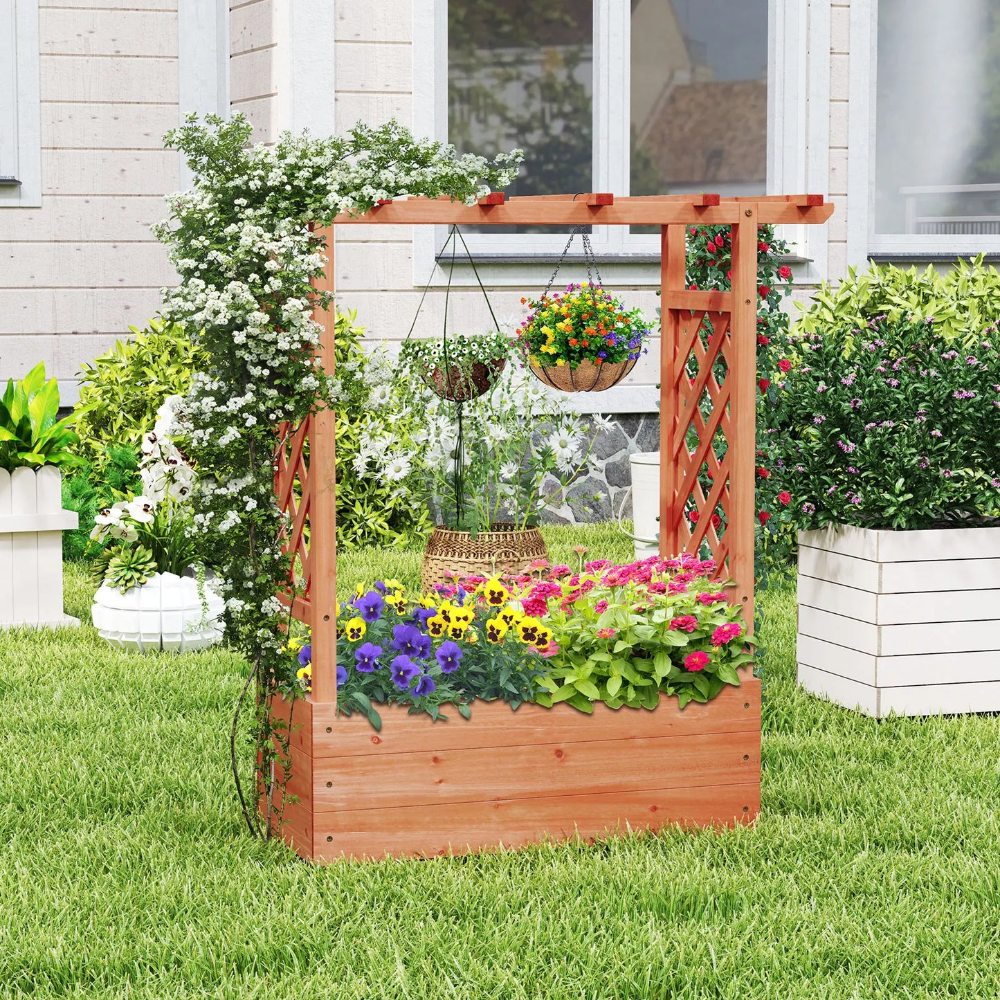 Wooden Raised Garden Bed w/Trellis & Hanging Roof Drainage Elevated Planter Box