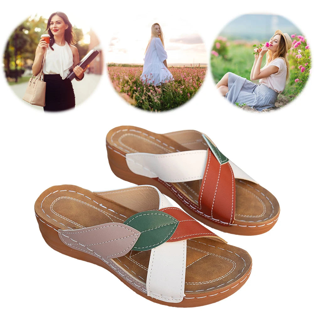 Ladies Wedge Sandals Comfortable Wedge Slides Breathable Slip On Footwear Platform Cross Strap Slippers for Outdoor Travel