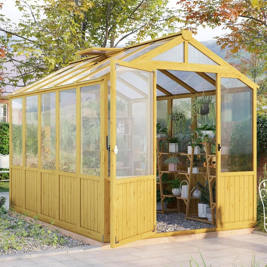 6x8x6.5 ft wooden greenhouse, pre-assembled solid cedar frame, walk-in design, lockable door, adjustable roof vents, polycarbon