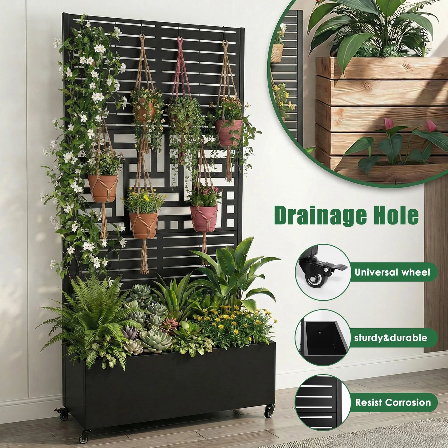 Privacy Screen Planter with Trellis and Wheels 70.87x35.43x15.75 Inch Garden Planter Suitable for Climbing Plants and Vegetables