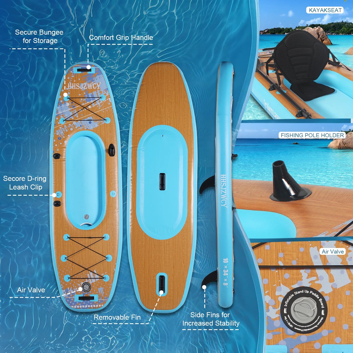 HHSJZWCY 10' Inflatable Stand Up Paddle Board Kayak, 34'' Extra Wide, for Adults, with Seat, PaddleBoard for Fishing,Touring,