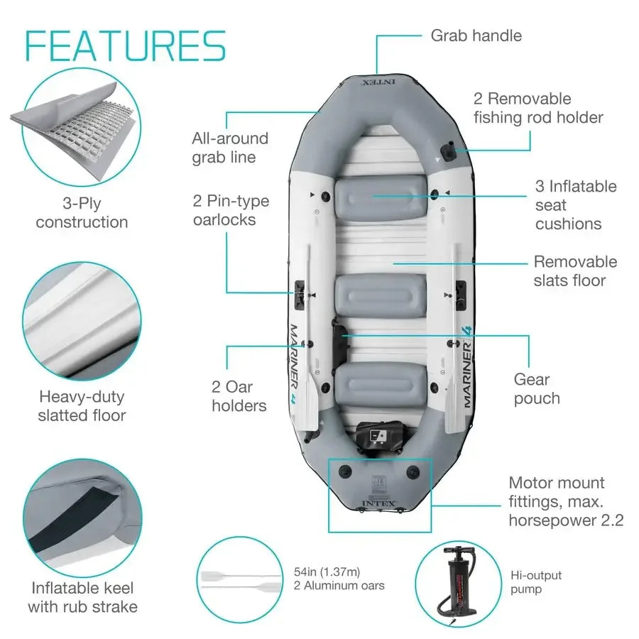 68376EP Mariner 4 Inflatable Boat Set Includes Deluxe 54in Boat Oars and HighOutput Pump WearResistant Keel Removable Fishing R