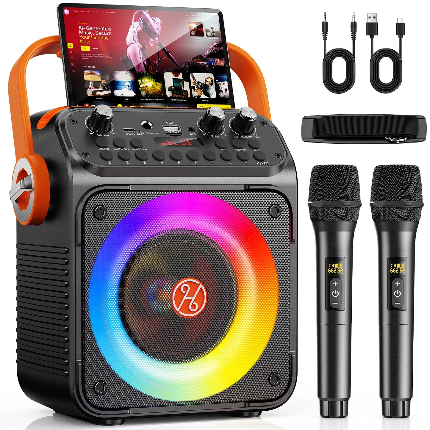 T35 High Power Karaoke Bluetooth Speaker Music Rhythm Light 360 Degree Stereo Surround Wireless Subwoofer with Dual Microphone