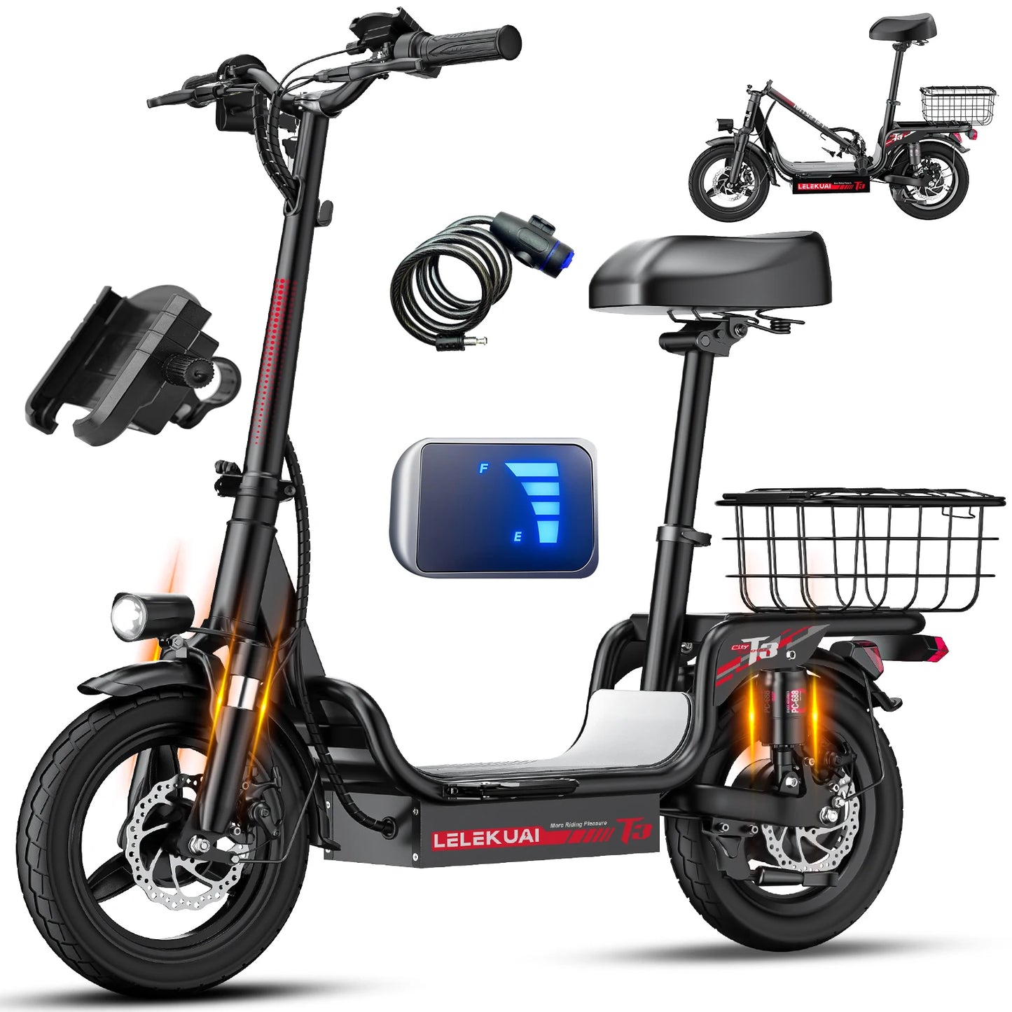 14-inch adult folding electric scooter 48V10.4Ah, 500W peak motor, 20MPH maximum load 330LBS, 28 miles of range full suspension