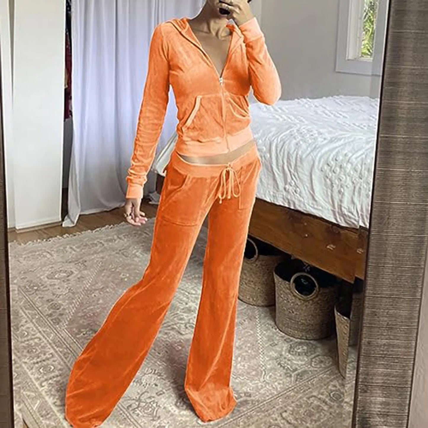 Women Velvet Jogging Suit Autumn Casual Velour Hoodie Cropped Top Jacket With Wide Leg Pants Tracksuits Women's Two Piece Set