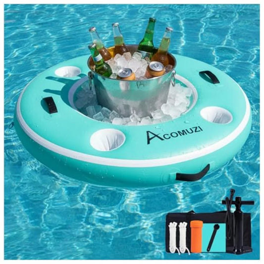 4FT Inflatable Pool Bar with 4 Built-in Cup Holders Floating Cooler for Adults Inflatable Drink Cooler in Blue for Lakes Pools