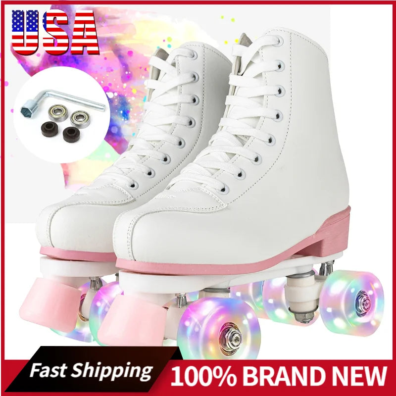 Quad Roller Skates Size 32-40 Adult Women Flashing 4 Wheels Skate Shoes Kids Girls Beginner Outdoor Skating Training Sneakers