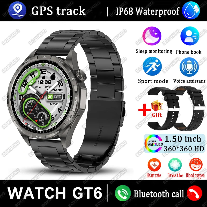 New Watch GT6 Smart Watch Men HD AMOLED Screen Always Show Time GPS Track Heart Rate Bluetooth Call Waterproof Sports Smartwatch