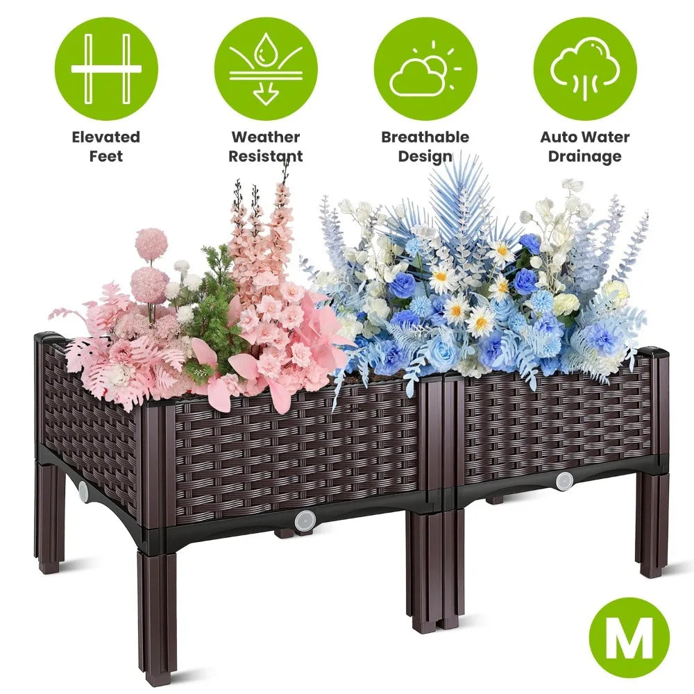 Raised Garden Bed Plastic Planter Box w/ Self-Watering Elevated Design Outdoor