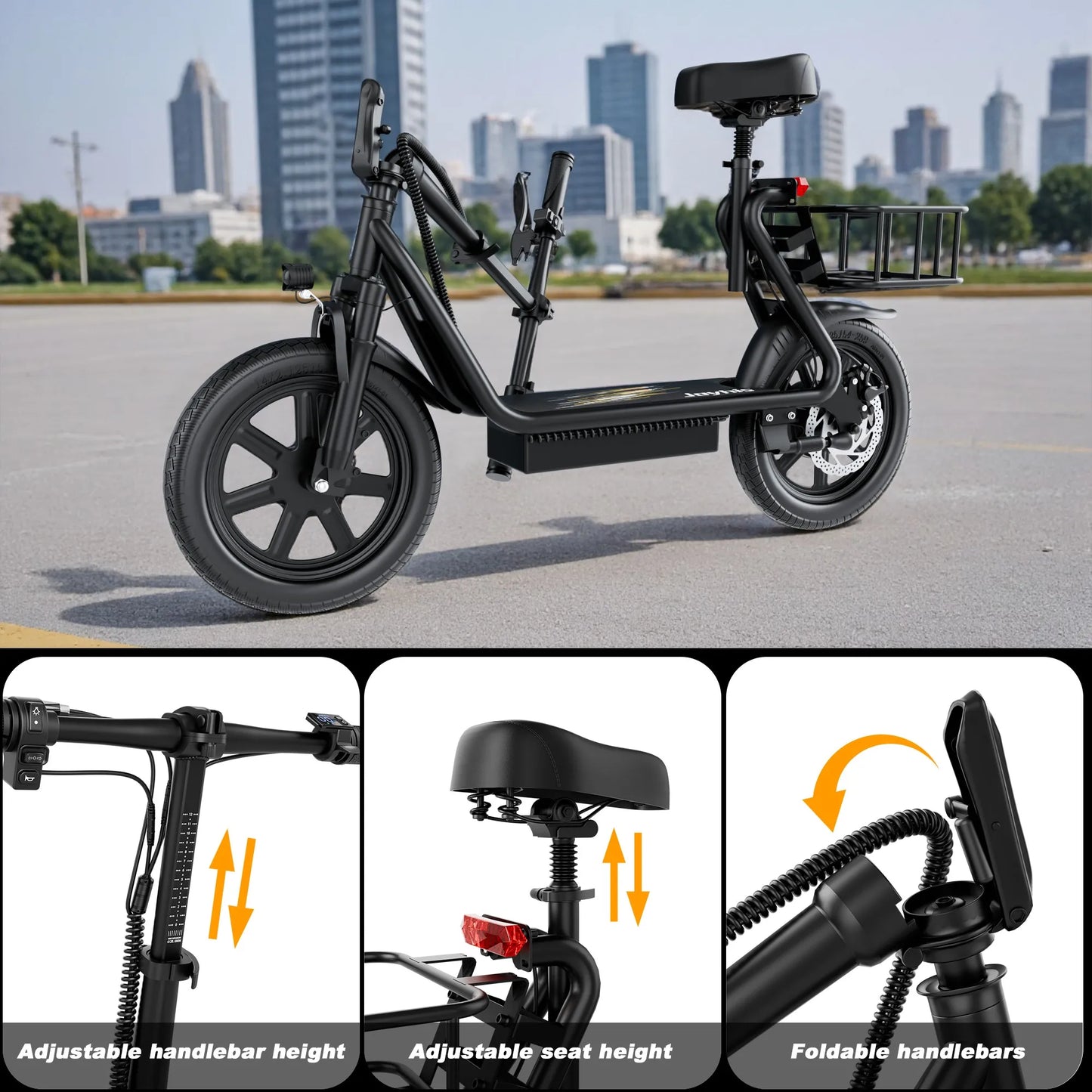 JOYHIS JH1 Electric Scooter with Seat for Adult, 20MPH Speed Power by 500W Motor, 48V/10.4Ah Wider Deck & Height Carry Basket