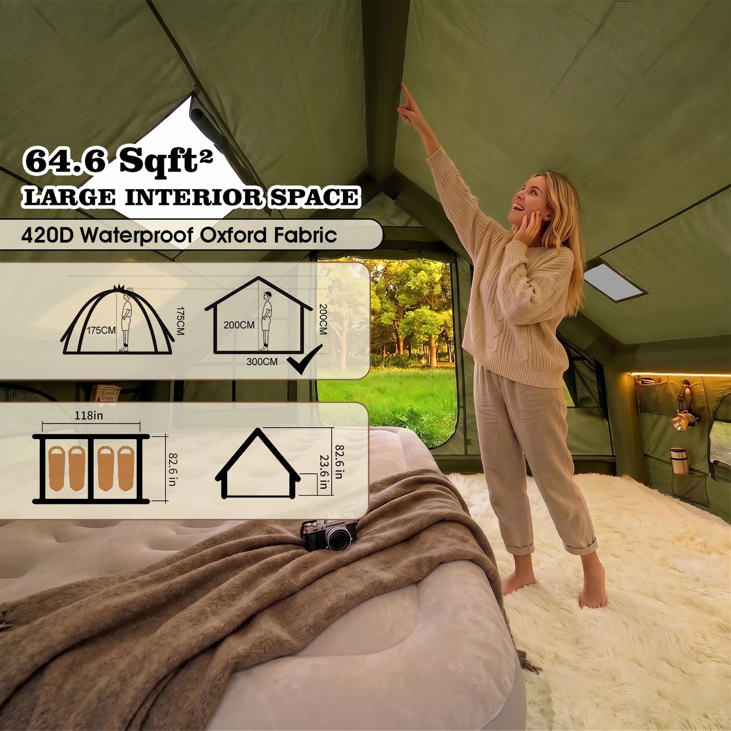 Inflatable Camping Tent with Skylight,Quick Setup Blow Up Tent with hand pump,4 Season Air Tent with Stove Jack&AC Vent