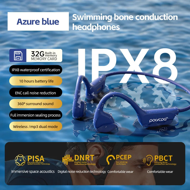POLVCDG X7 Bone conduction Bluetooth earphone IPX8 swimming earphone 32G memory outdoor sports cycling earphone 2024 new product