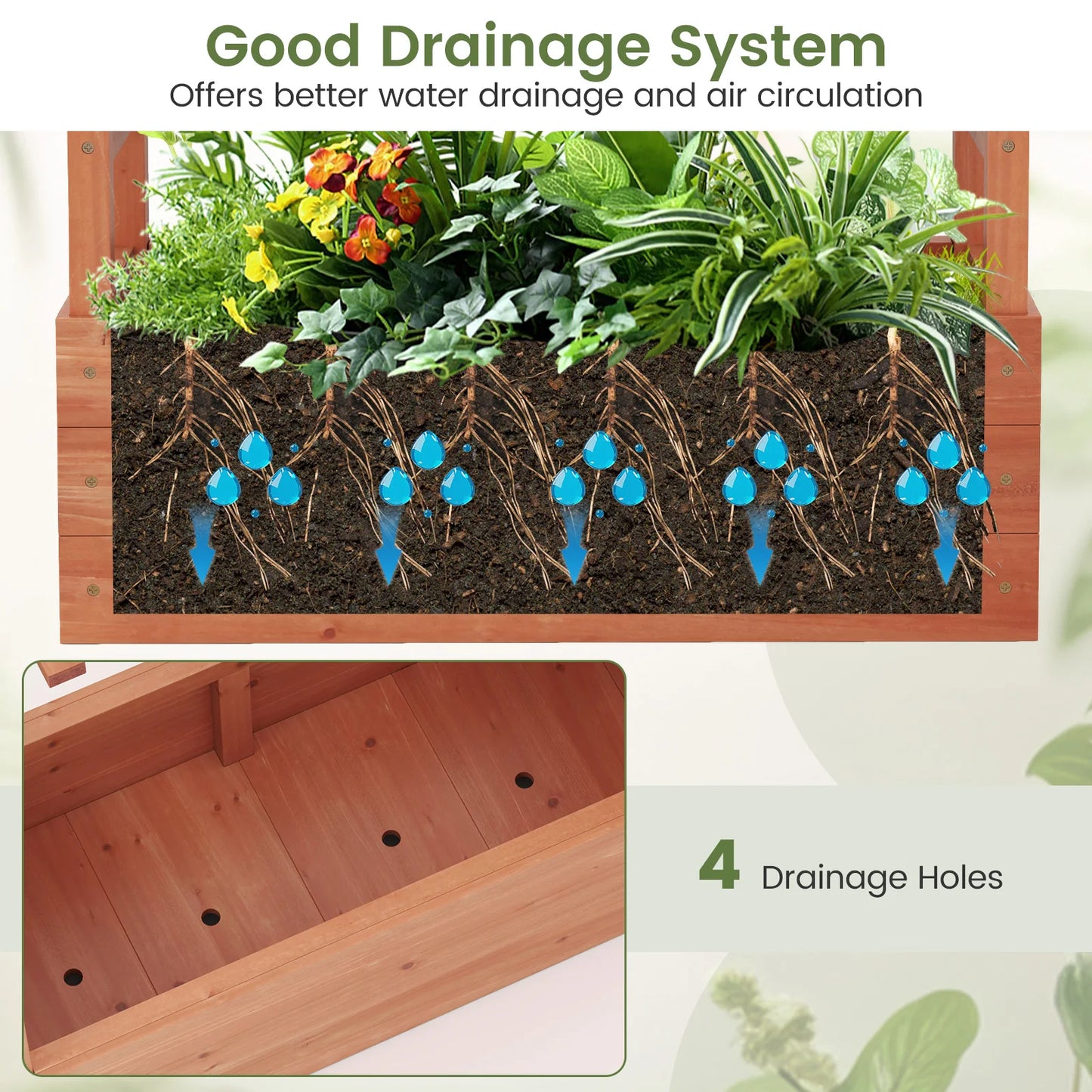 Wooden Raised Garden Bed w/Trellis & Hanging Roof Drainage Elevated Planter Box
