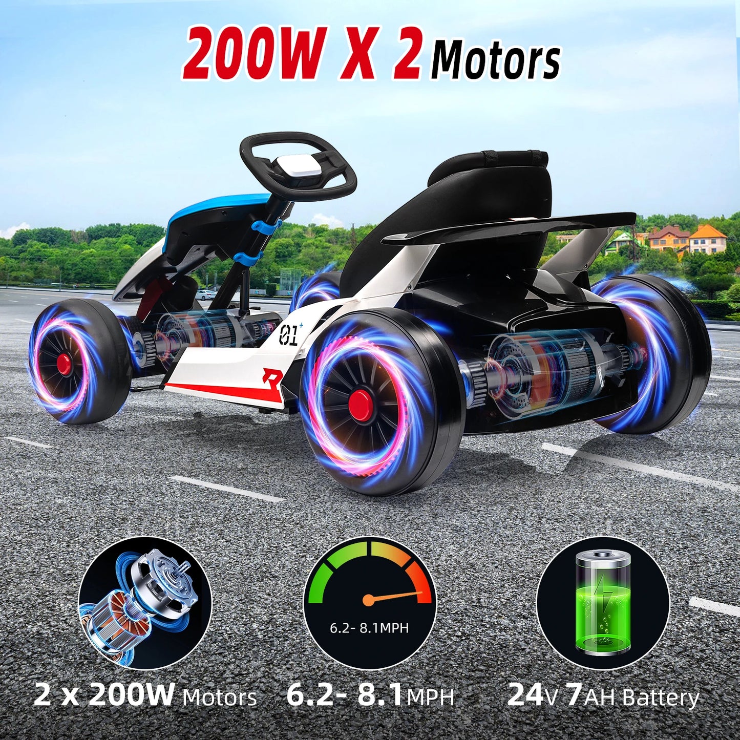 Electric Go Kart for Kids, 24V Drift Kart with 2X200W Strong Motor, 7AH Battery, Electric Pedals, Outdoor Race Ride-On Toys