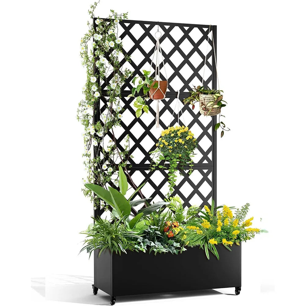 Metal Raised Garden Bed, 72" H x 47" W Privacy Planter Box with Trellis and Wheels, Hook, Freestanding Privacy Planter Box for C