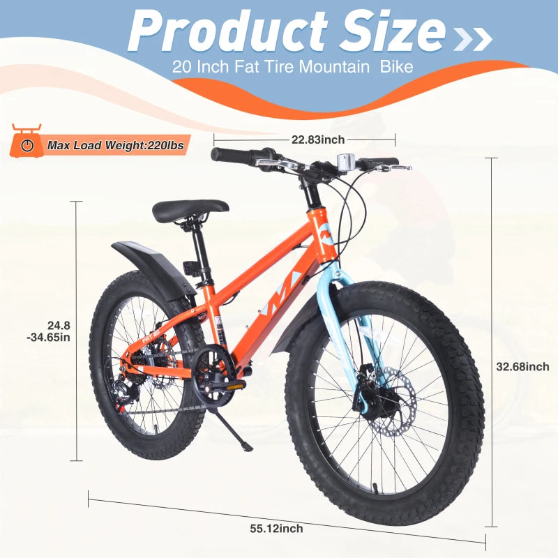 20 Inch Kids  Bicycles  ,  Fat Tire Mountain Bike for Boys and Girls Age 5 + Years ,Dual-Disc Brake,Shimano 7-Speed ,Kids Beach