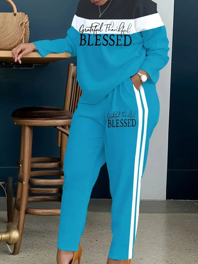 Plus Size Women's Casual Suit, Fashionable Letter Print Striped Color-Blocked Two-Piece Set