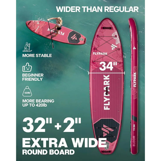 11'x34 Inflatable Paddle Boards, Extra Wide SUP for 420lbs/3Adults, Yoga Stand Up Paddle Board, 110L Backpack