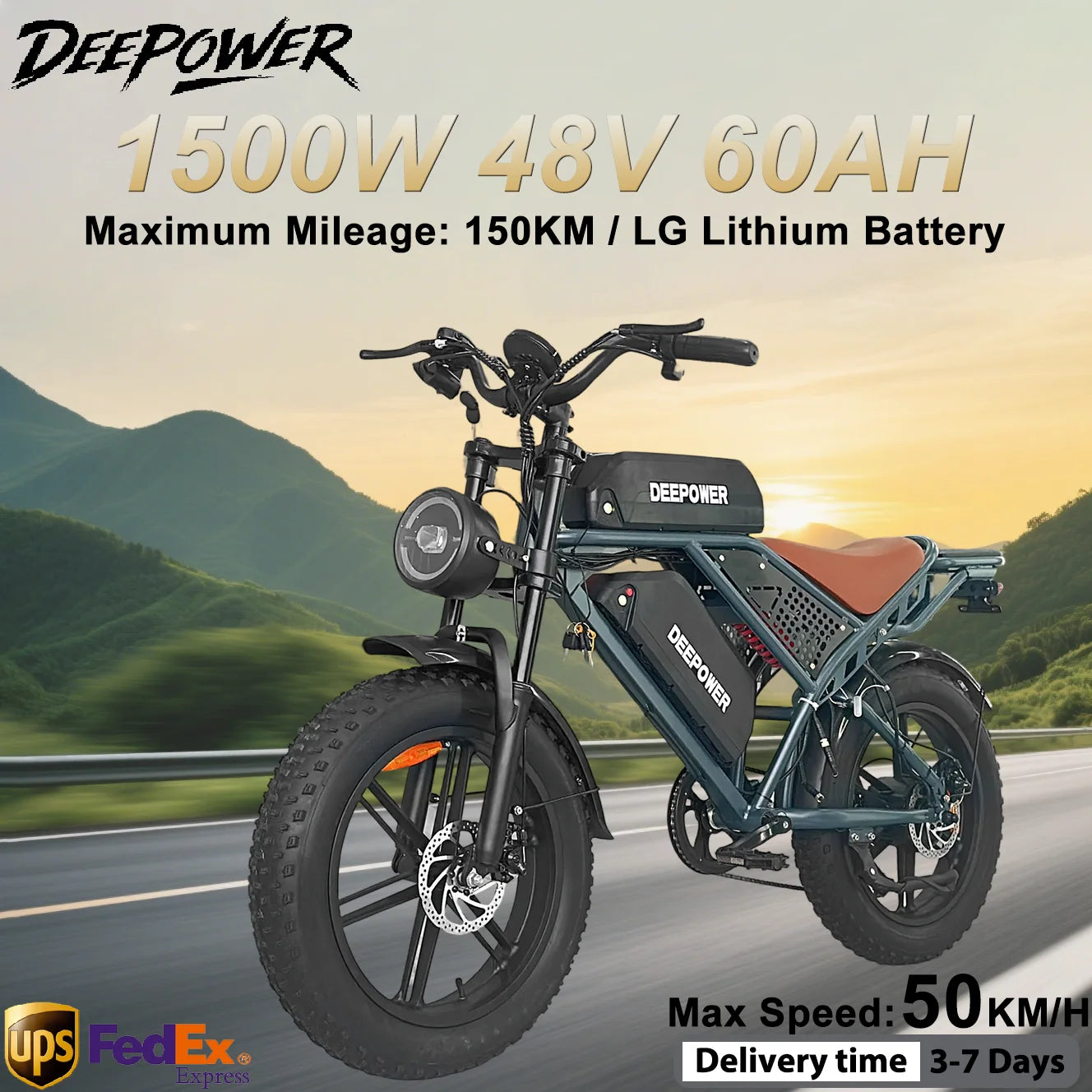 DEEPOWER QS7 Electric Bike 1500W 48V 60AH Adult Off-Road Electric Bicycle 20-inch Fat Tire Dual Battery All-Terrain Ebike