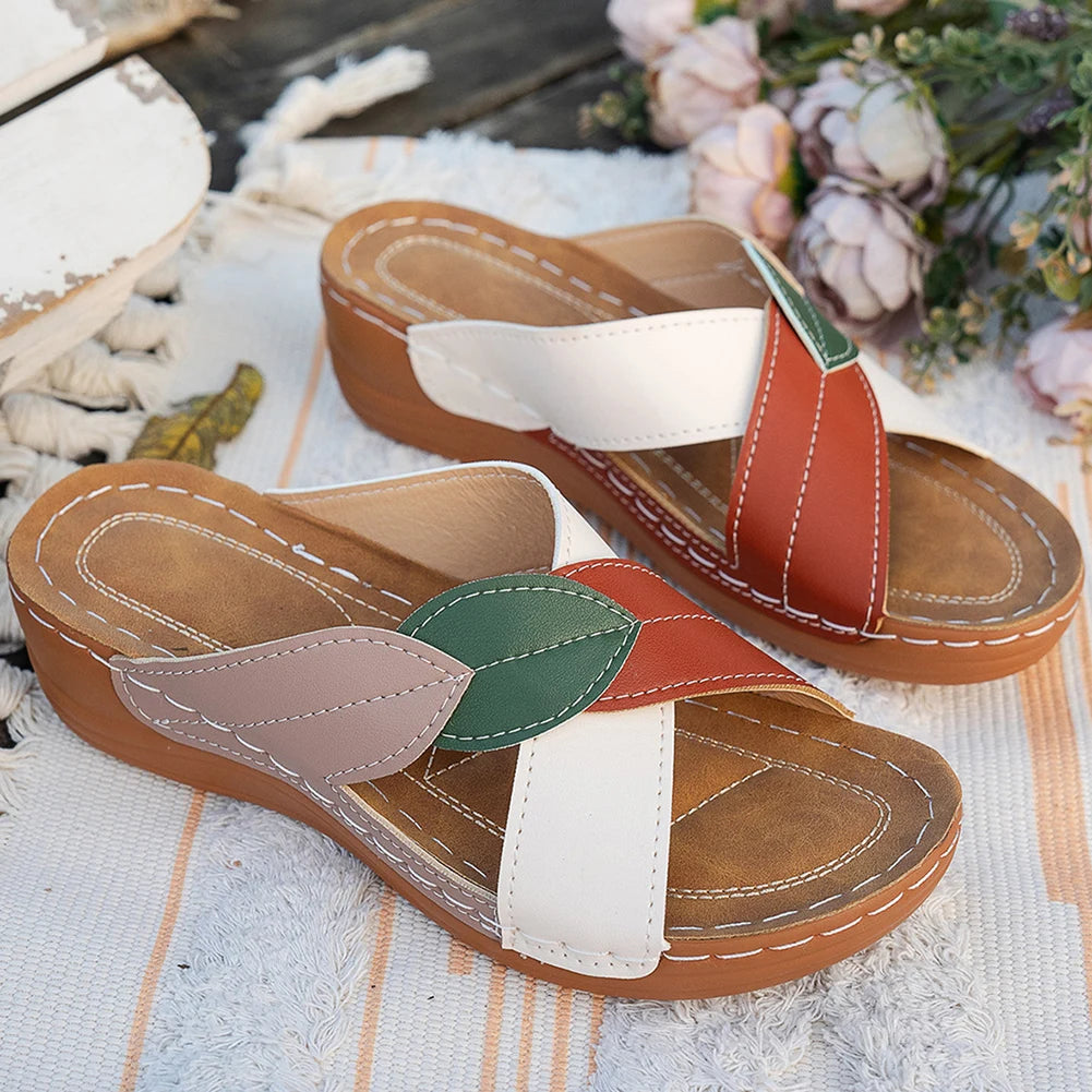 Ladies Wedge Sandals Comfortable Wedge Slides Breathable Slip On Footwear Platform Cross Strap Slippers for Outdoor Travel